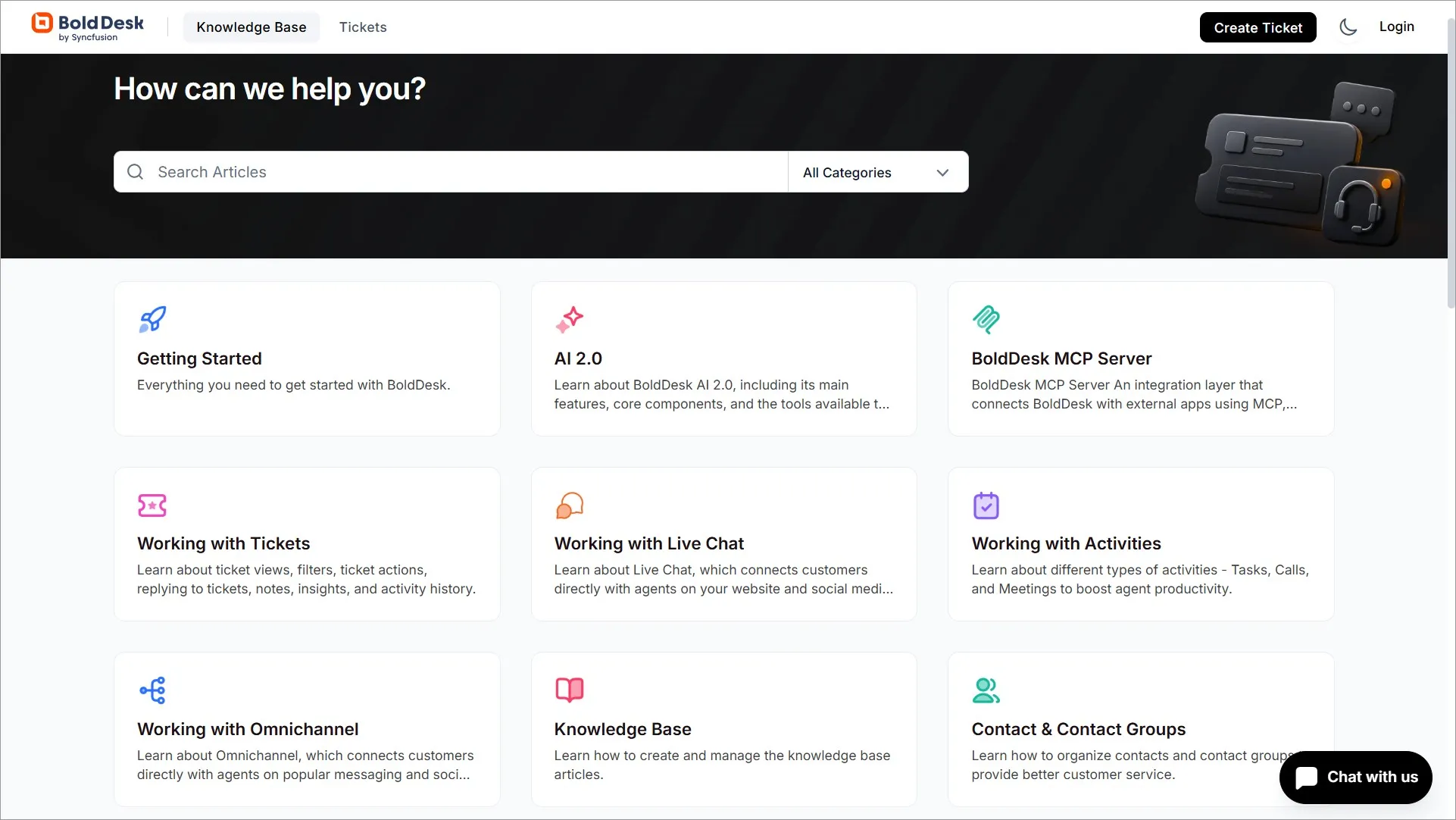 Knowledge base homepage with article categories, search, customer portal, and automation resources