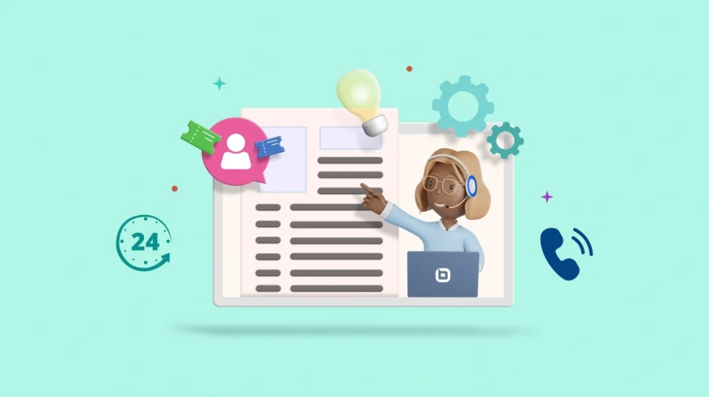 Infographic of an IT support agent at a laptop pointing to a document, surrounded by icons for communication, ideas, and settings