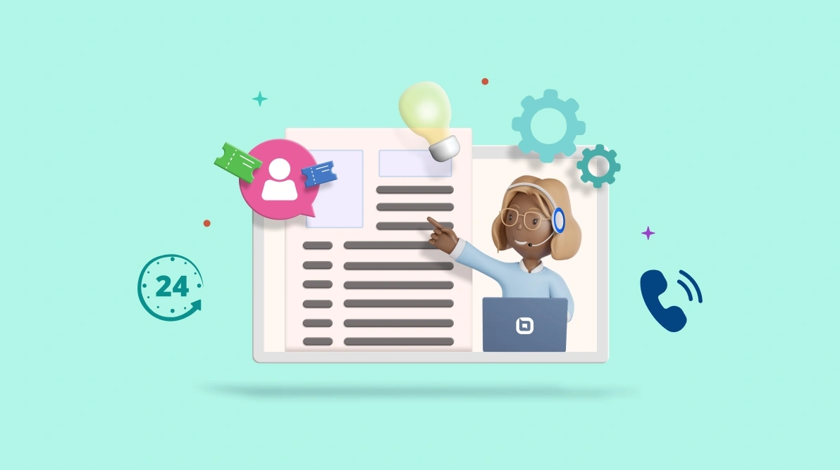 Infographic of an IT support agent at a laptop pointing to a document, surrounded by icons for communication, ideas, and settings