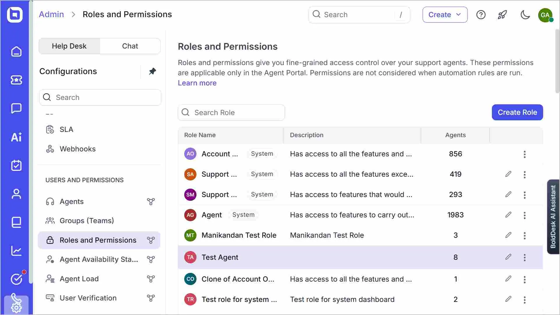 Admin dashboard Roles & Permissions page with role table, agent counts, and left navigation menu showing settings options.