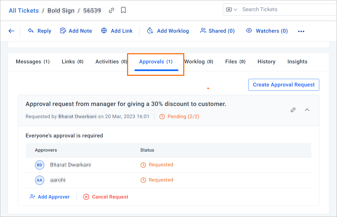 Approvals Tab inside a ticket module