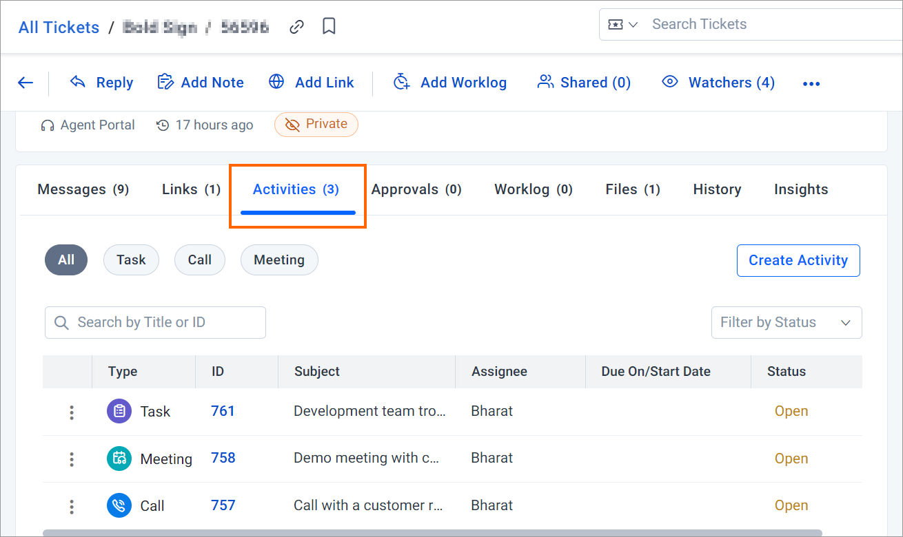 Activity module - Inside ticket details page
