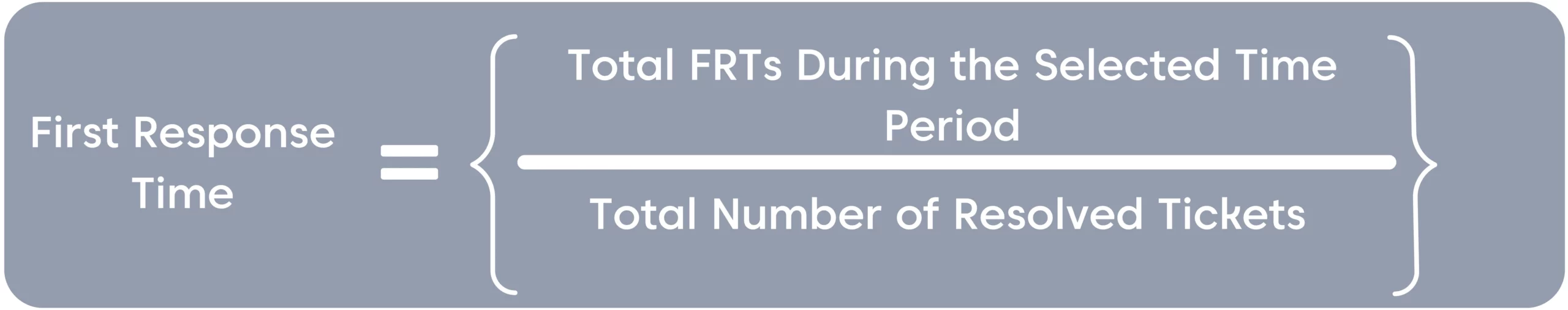 Equation showing First Response Time as total FRTs divided by resolved tickets on gray background