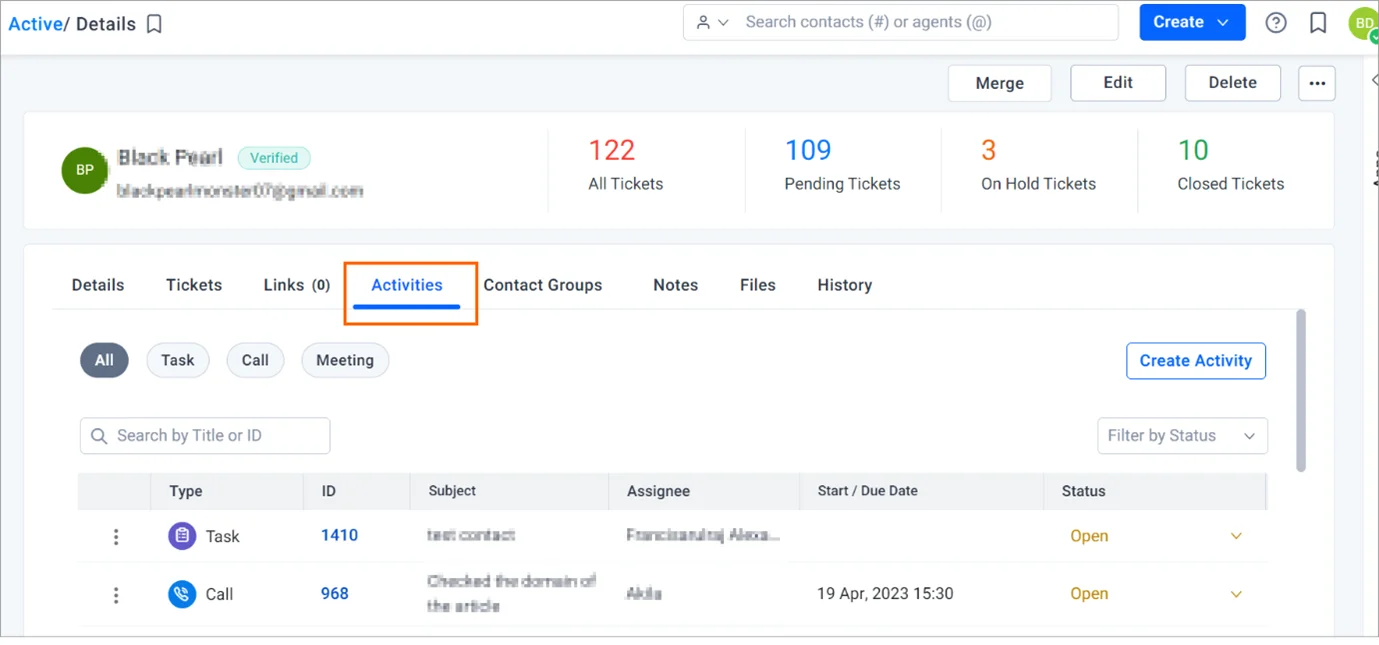 New Activities tab in contact profile page