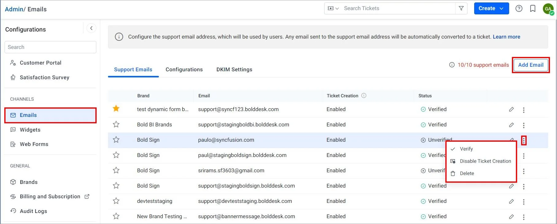 Support email configuration