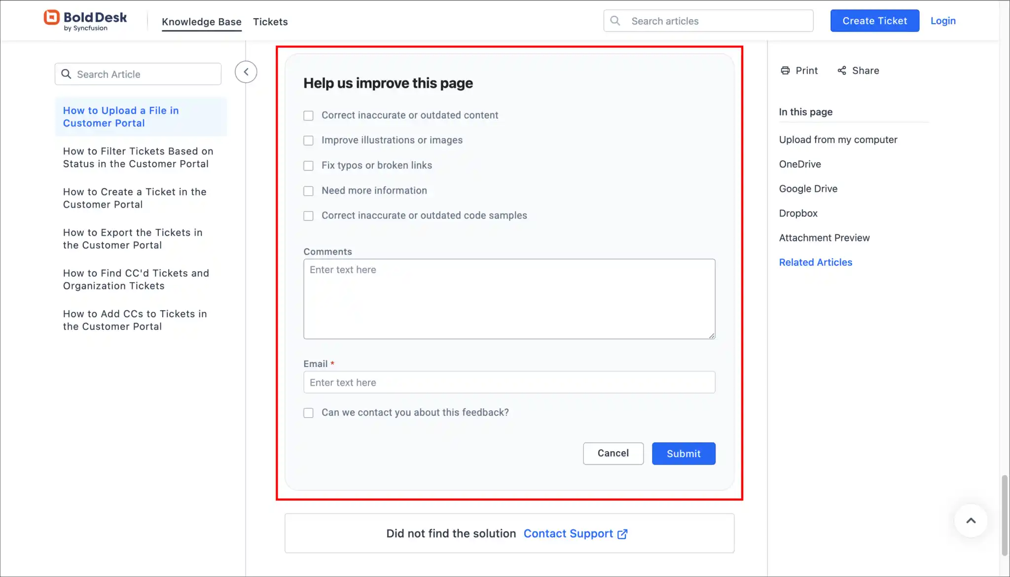A screenshot of the BoldDesk knowledge base page showing a feedback form titled “Help us improve this page.