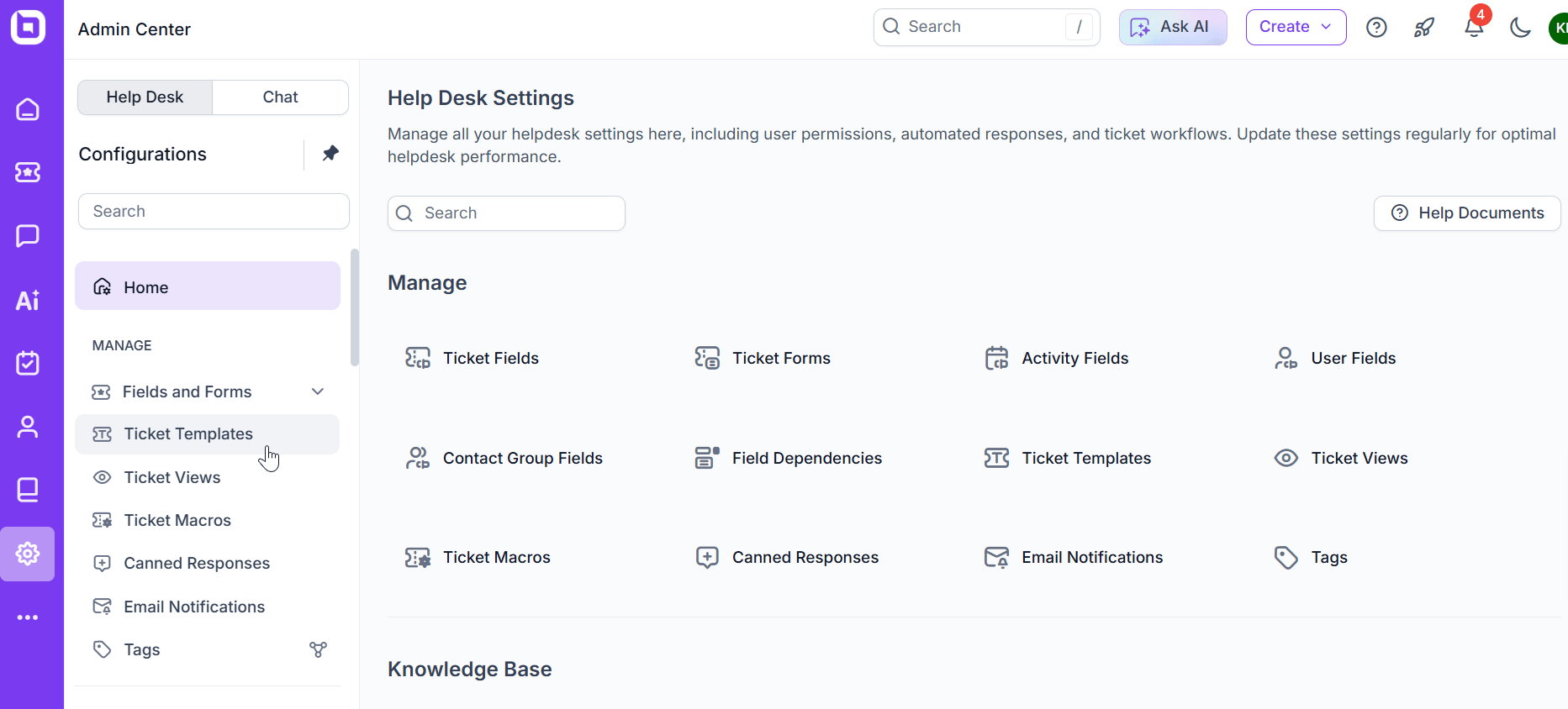 Admin center interface displaying knowledge base design, category structure, and management settings