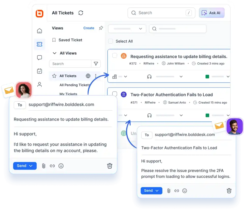 BoldDesk ticketing system interface showing support email configuration 