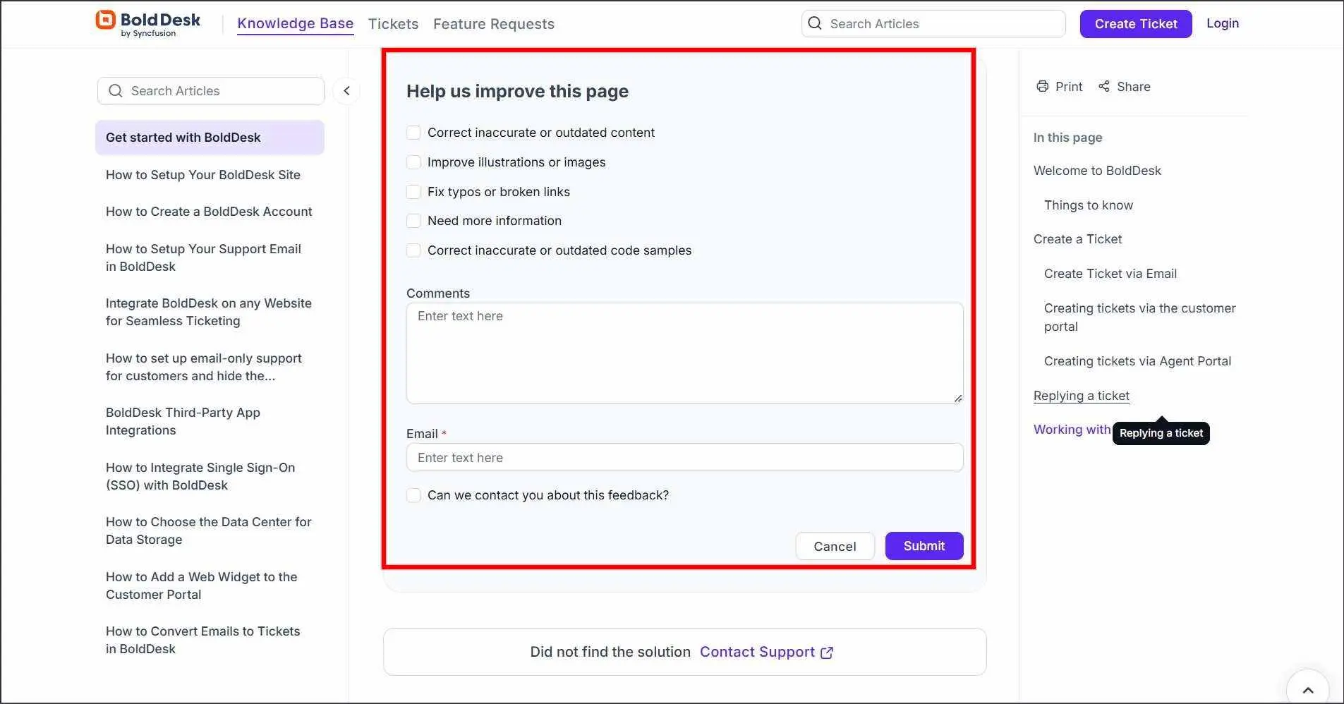 BoldDesk knowledge base feedback system for improving articles using user ratings and comments