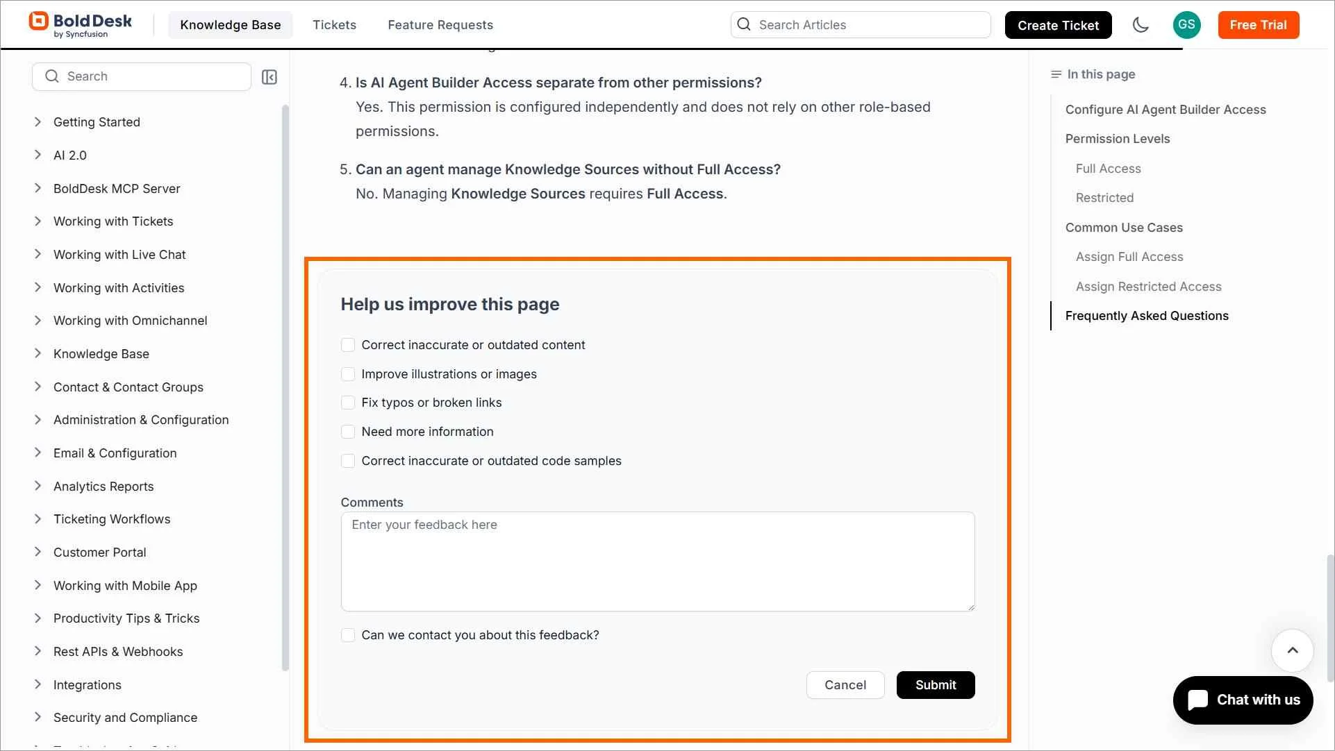 BoldDesk knowledge base feedback system for improving articles using user ratings and comments