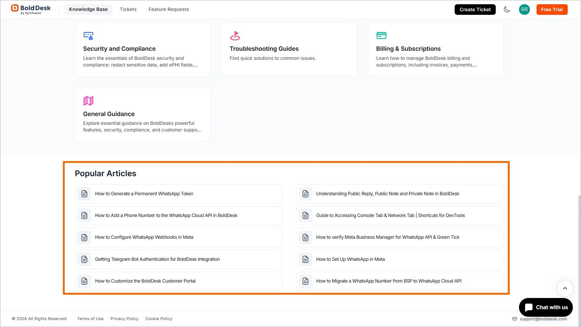 BoldDesk knowledge base interface displaying popular articles, self‑service content, and help categories