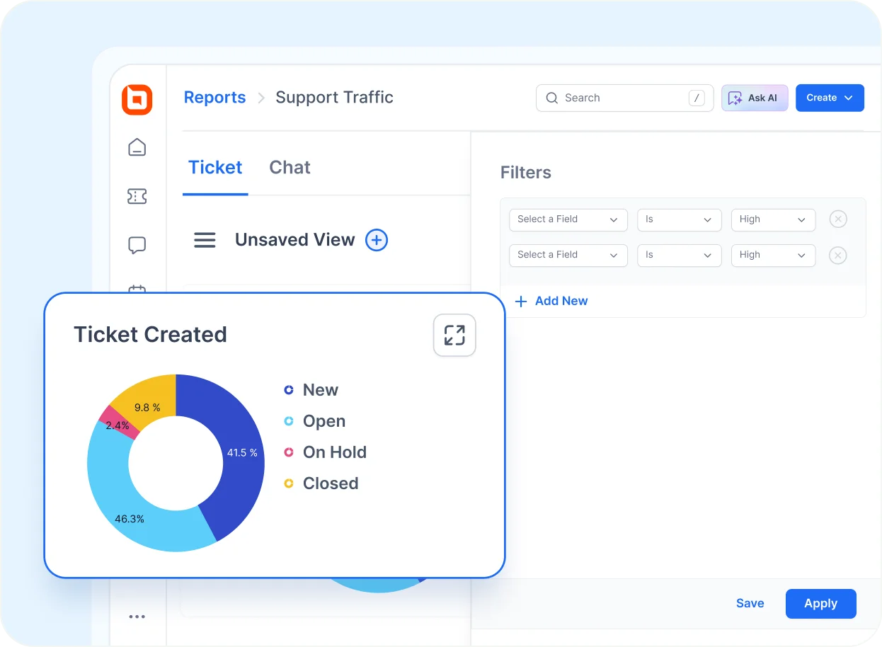 BoldDesk's dashboard showing ticket report with a chart of ticket statuses and filter options on the right.