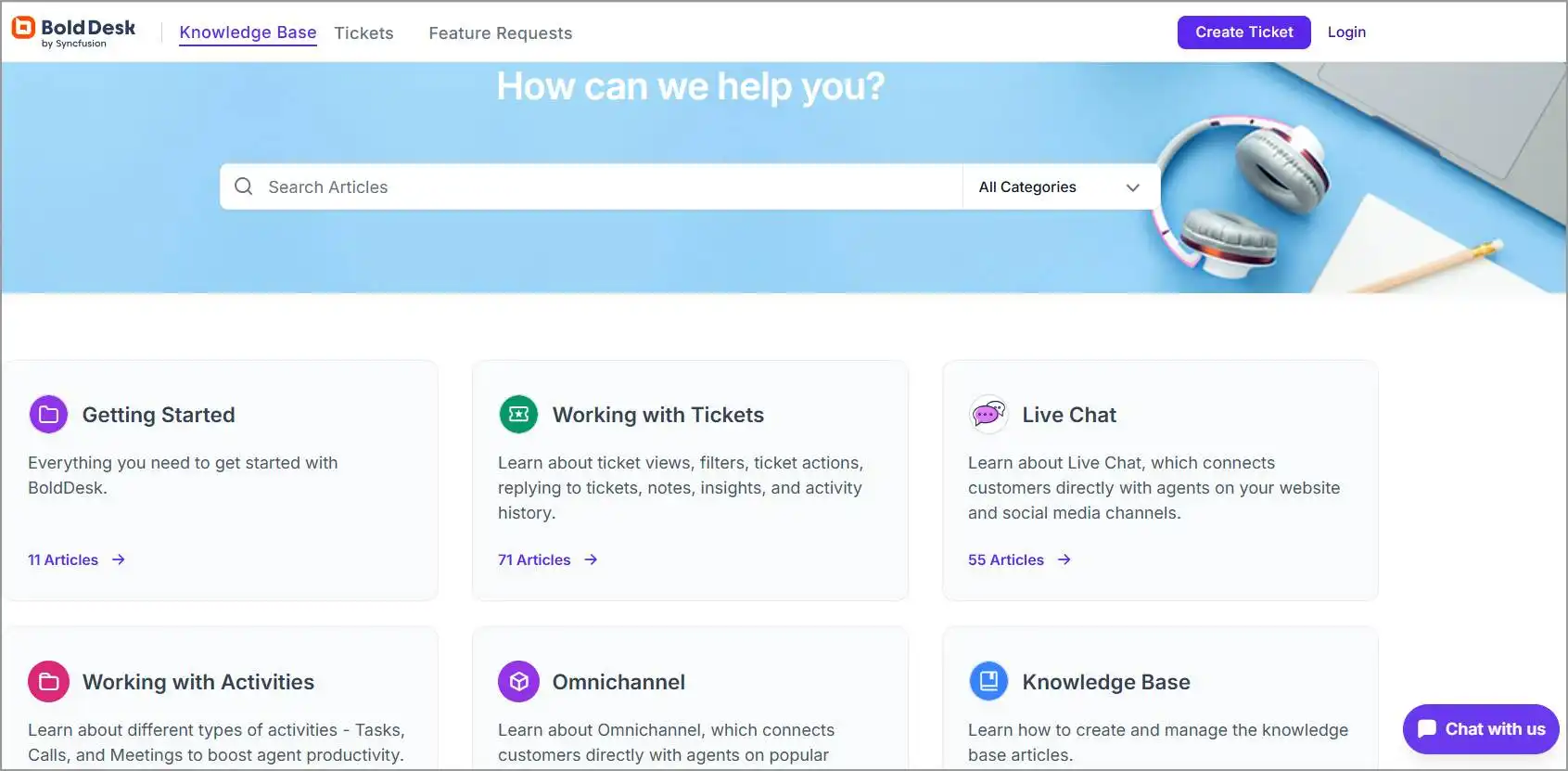BoldDesk knowledge base search analytics interface for finding self‑service support articles