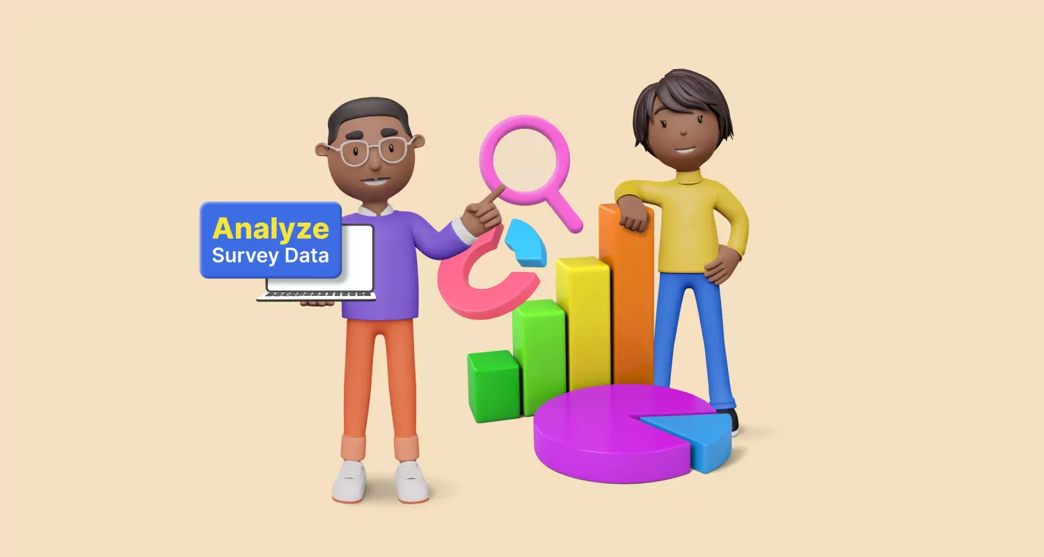 Illustration of two people with laptop, magnifying glass, and charts representing data analysis