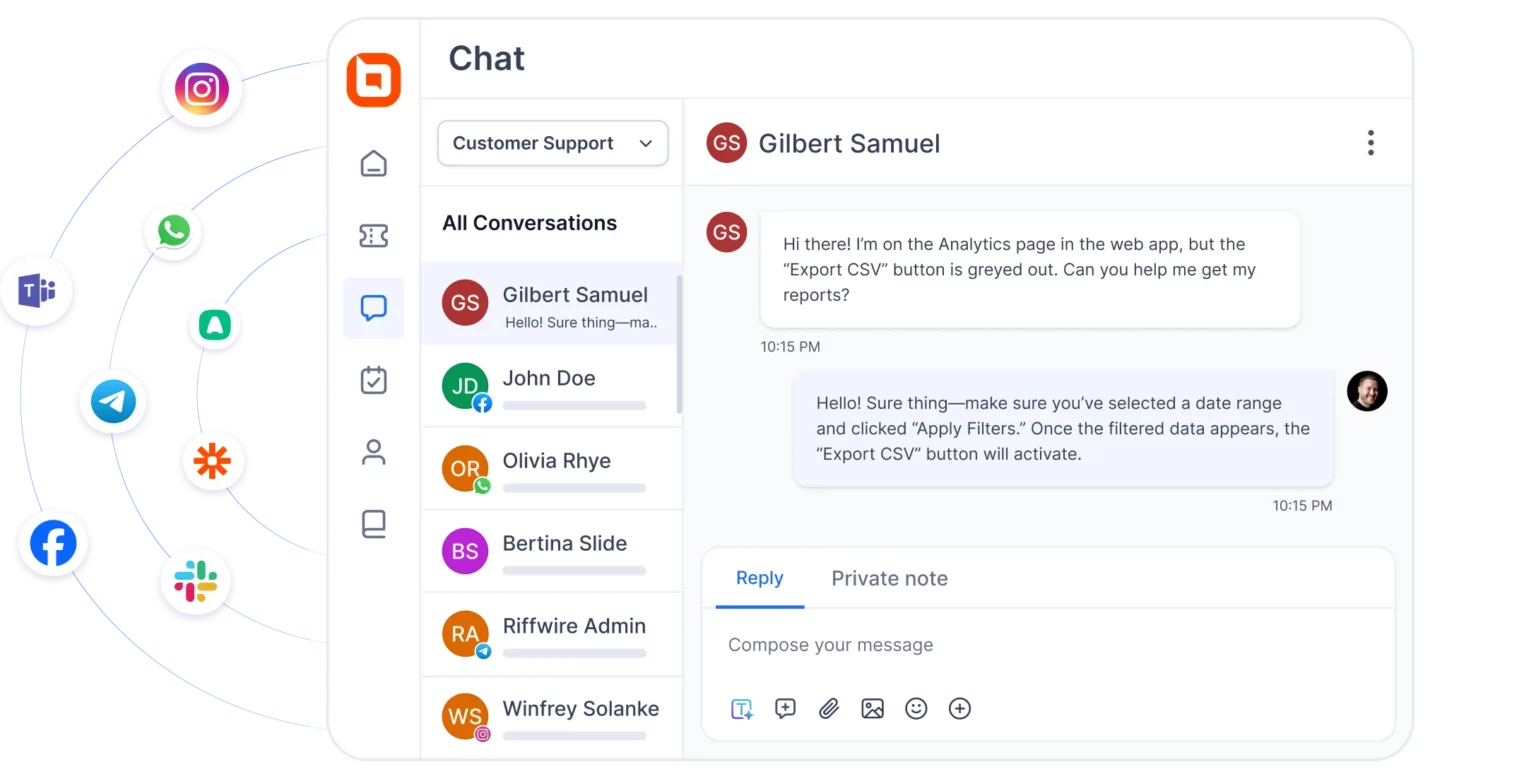 A sceenshot showing centralized communication channels, including Whatsapp, Facebook, Instagram, among others, to demonstrate the omnichannel customer service aspect