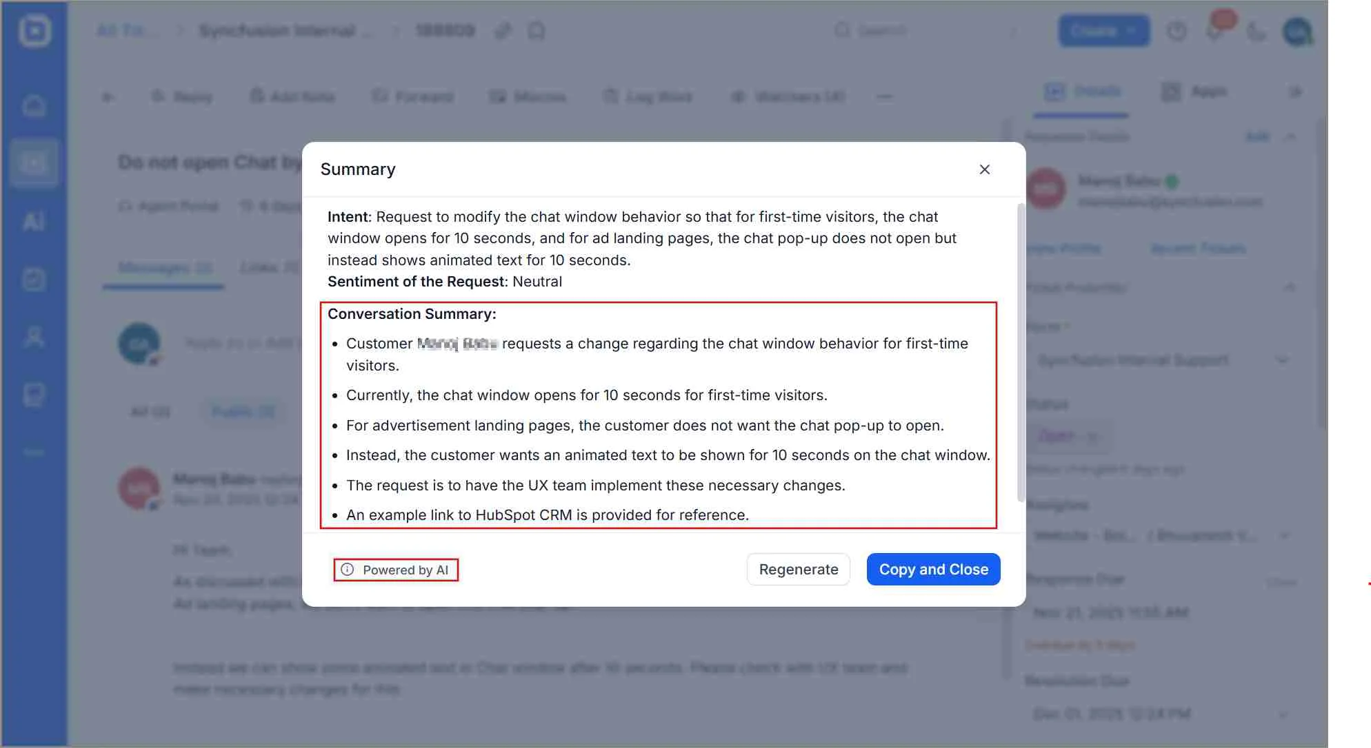 A screenshot showing a conversation summary powered by AI in BoldDesk