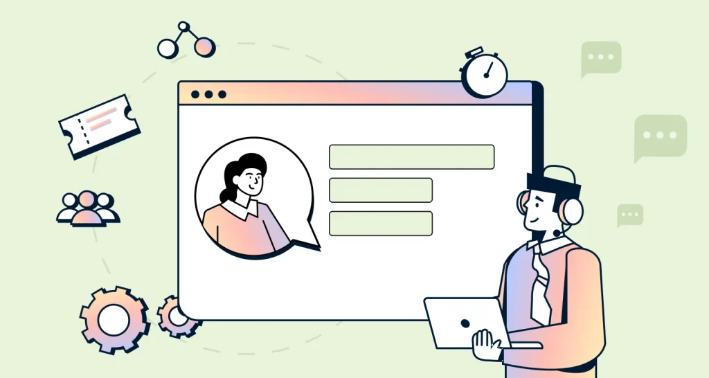 Illustration of a customer support interface on a light green background with chat messages, profile card, and an agent using a tablet, surrounded by service icons.