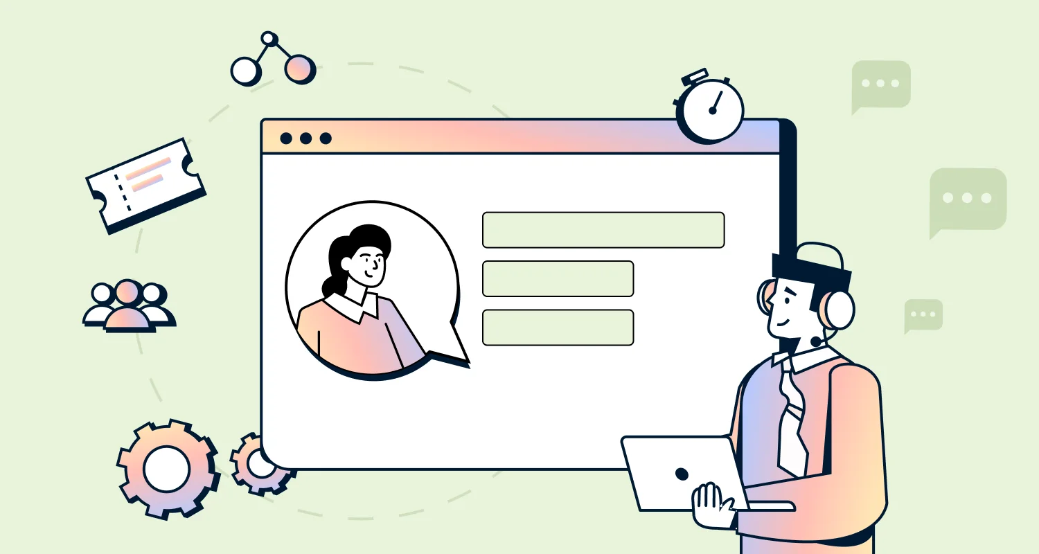 Illustration of a customer support interface on a light green background with chat messages, profile card, and an agent using a tablet, surrounded by service icons.