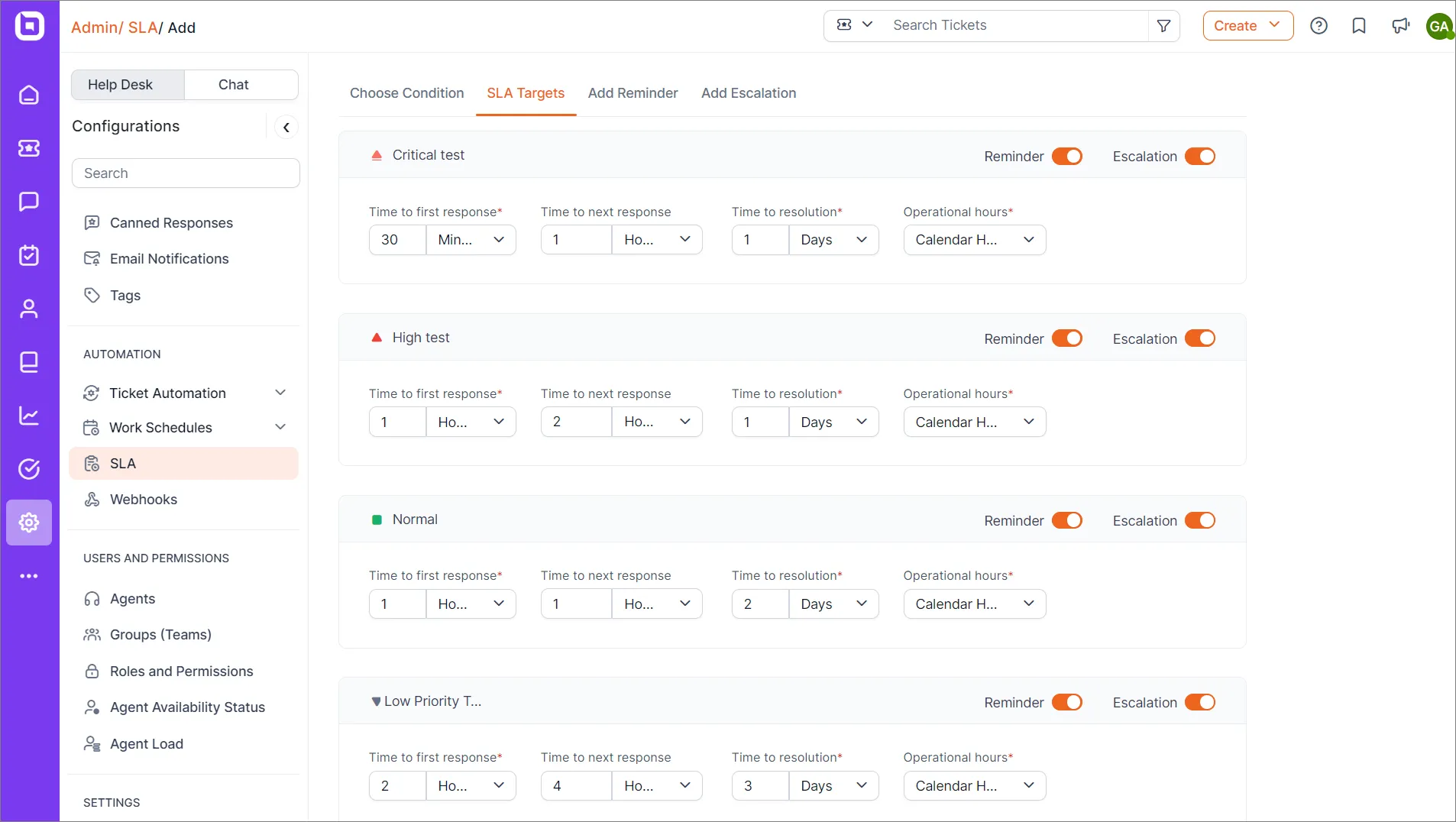 How to send ticket reminders with SLA