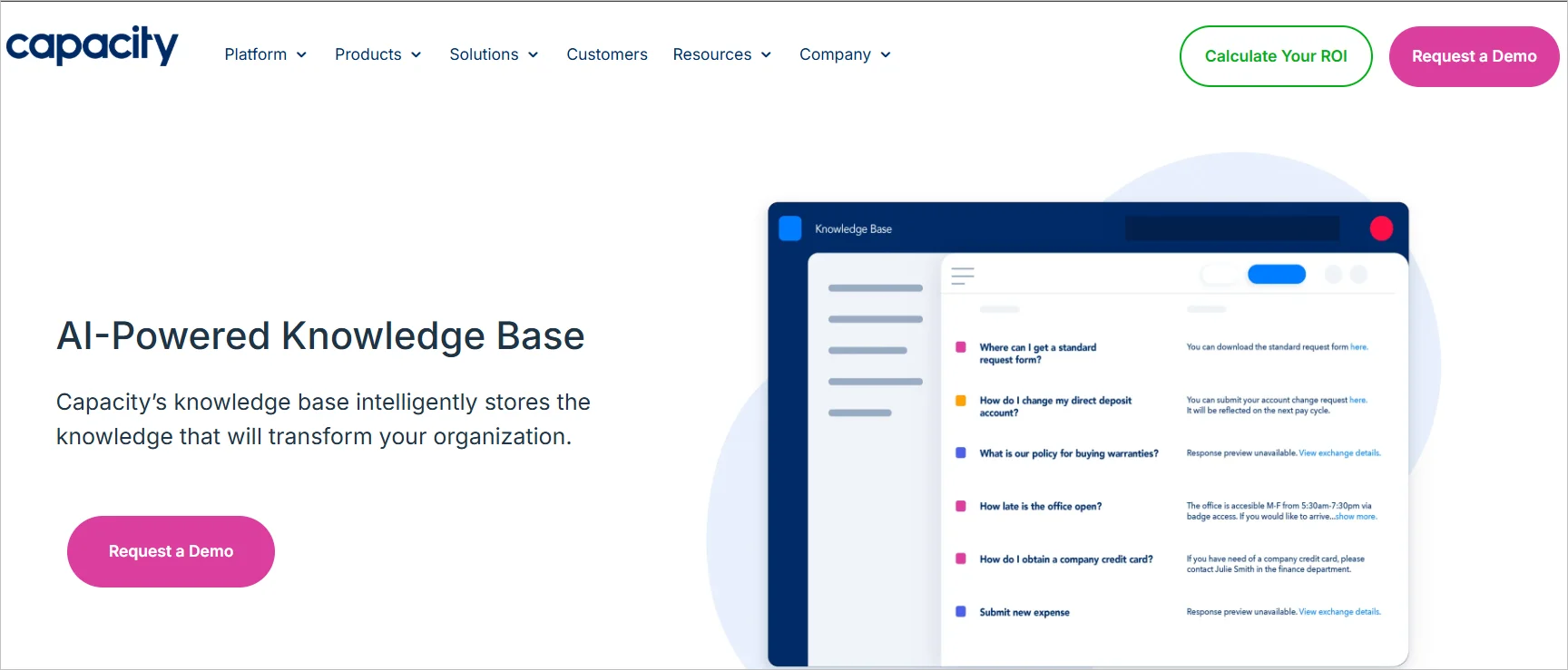 Landing page showing Capacity’s AI-powered knowledge base with a demo request button and an illustration of a knowledge search interface.