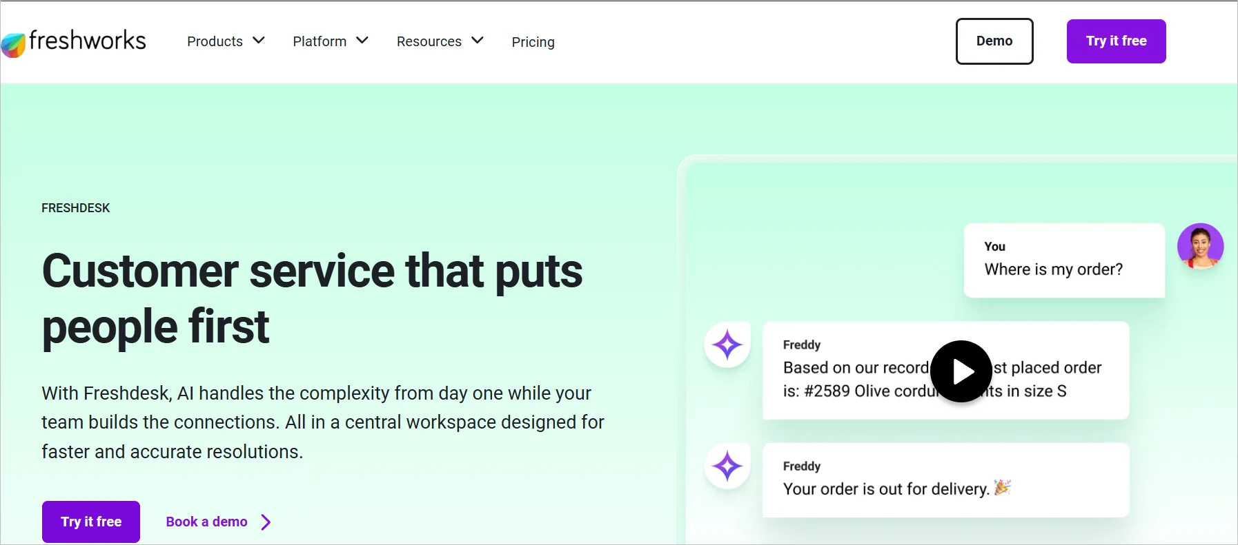 Freshdesk customer service software with AI-powered ticketing and issue resolution.