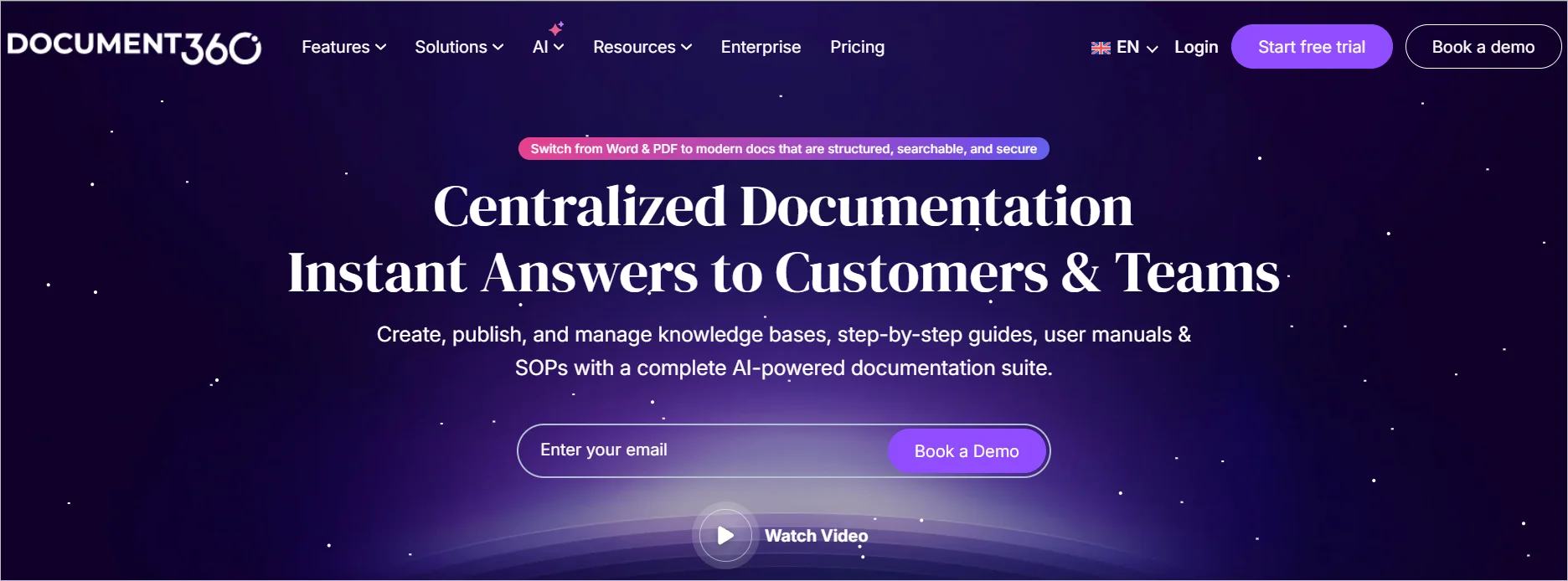 Homepage of Document360 showcasing centralized documentation features, AI‑powered knowledge base tools, and options to start a trial or book a demo.