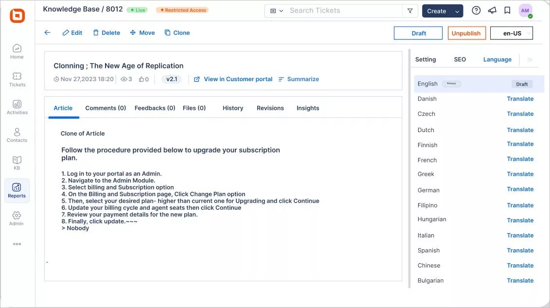 BoldDesk AI knowledge base showing multilingual translation features for customer service and global self‑service support.