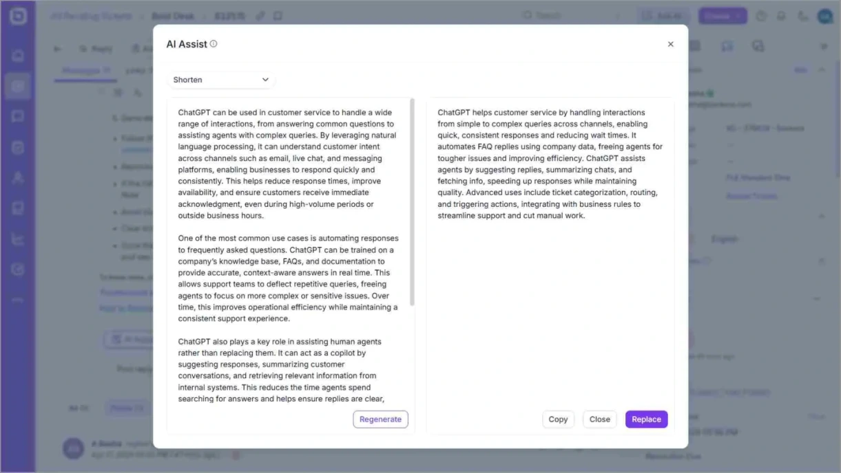 BoldDesk AI Assist using ChatGPT to shorten customer service content within a ticketing workflow