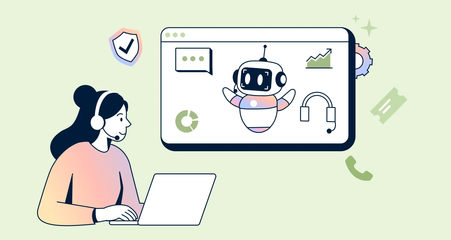 AI customer service software with chatbot assistants handling tickets, support, and automation on a digital screen
