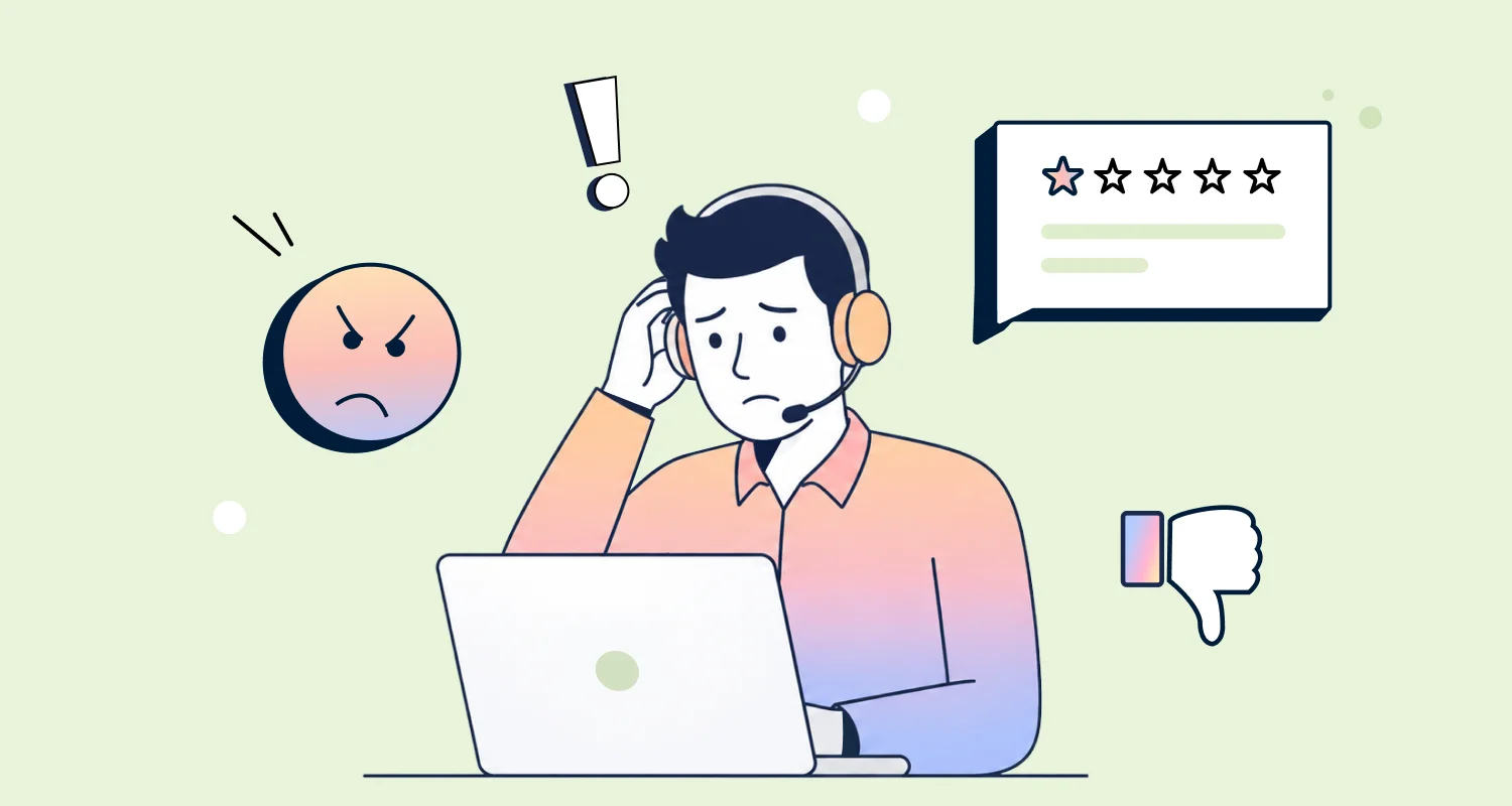 Support agent at laptop handling negative feedback, with low rating, complaint icon, and customer dissatisfaction symbols.