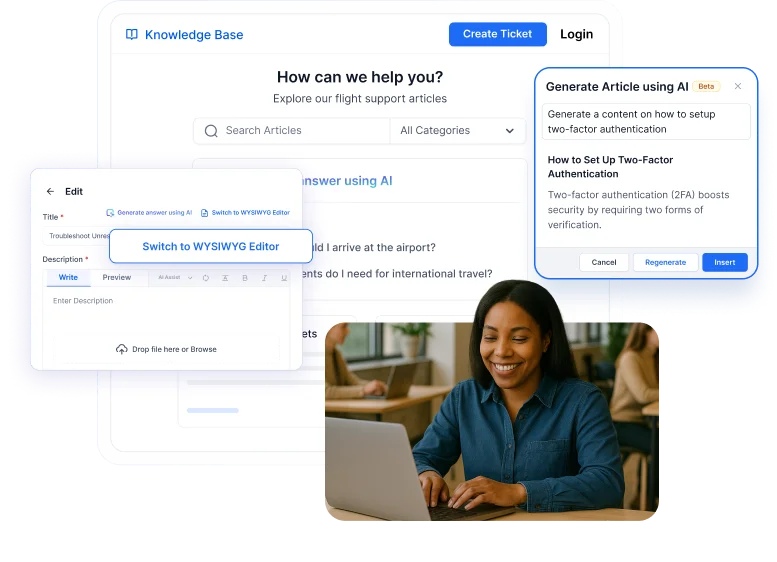 AI‑powered knowledge base generating help center articles to improve customer self‑service and support efficiency.