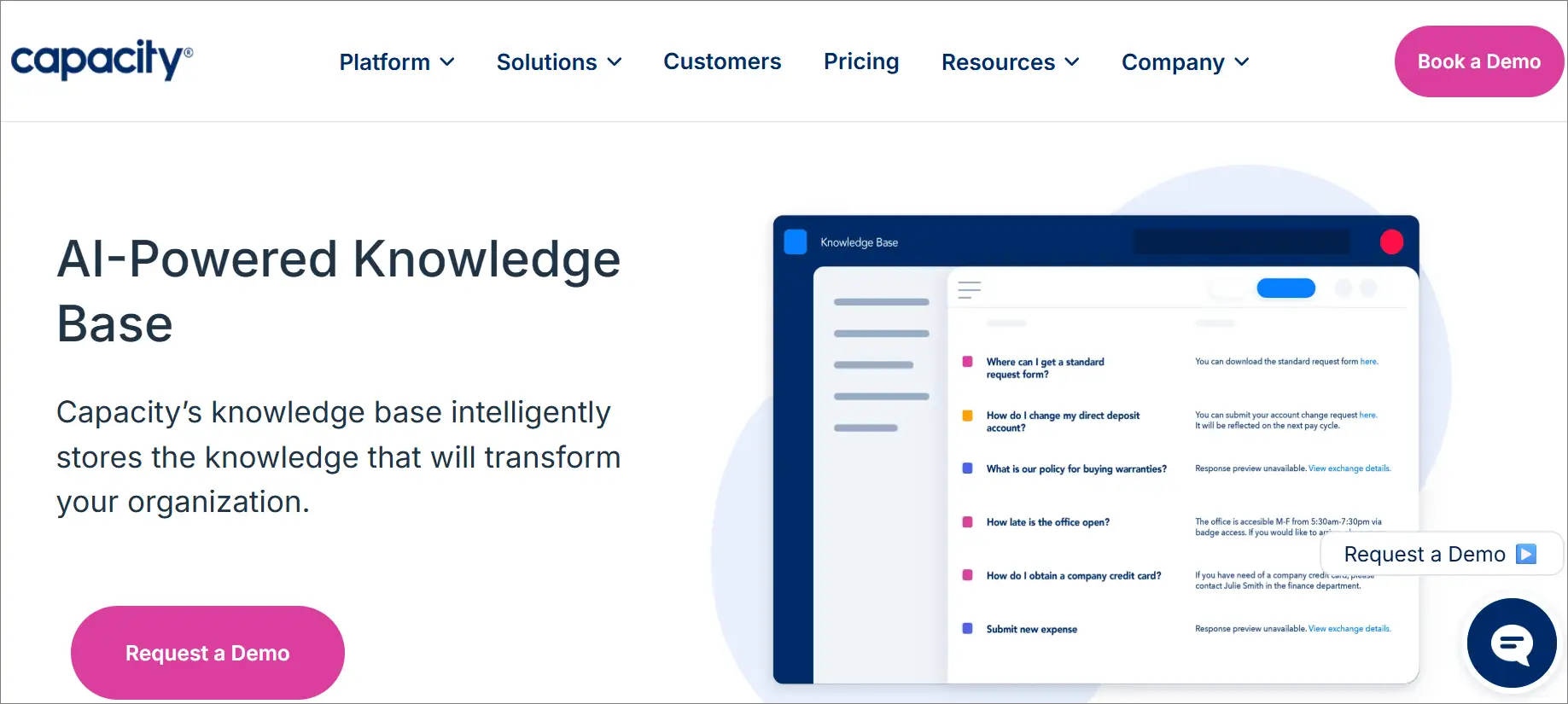 Capacity landing page AI knowledge base features, a demo request button, and a knowledge search interface illustration