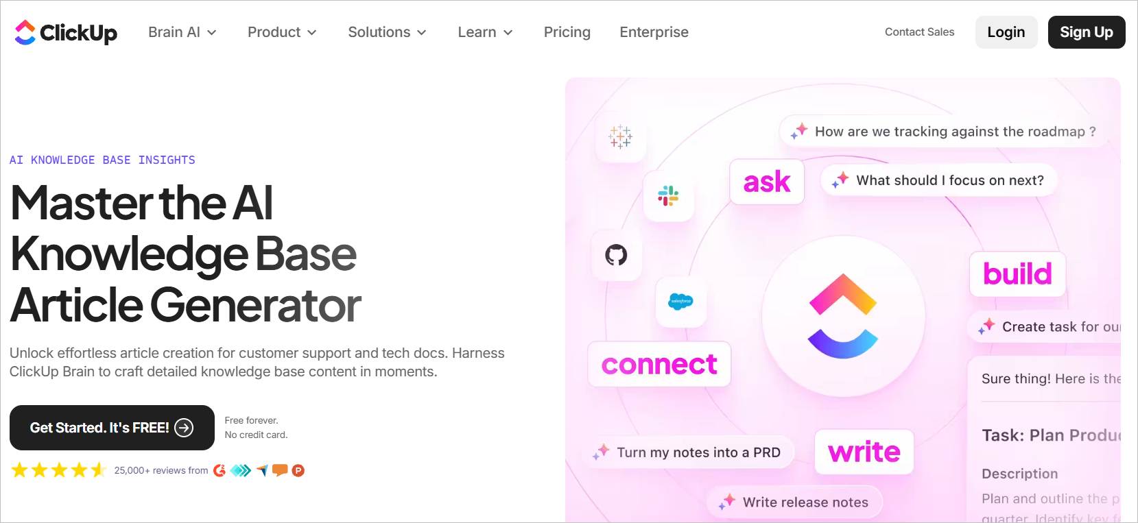 ClickUp page promoting its AI knowledge base article generator, featuring tools for creating, writing, connecting, and automating tasks.