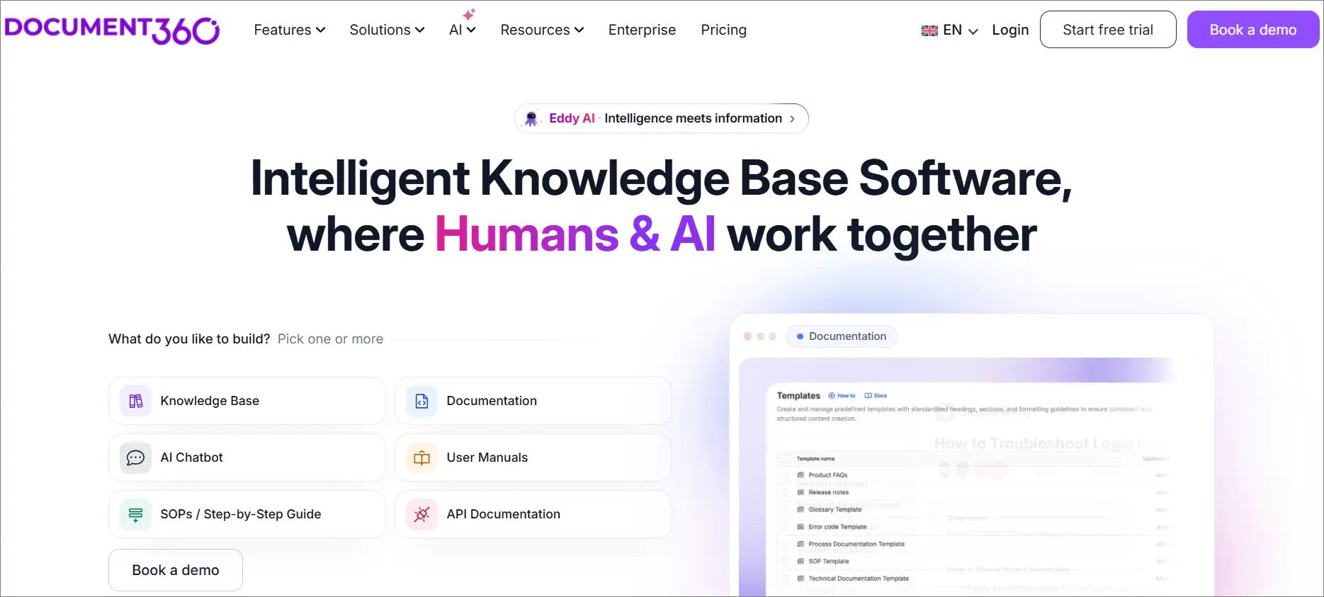 Document360 homepage highlights centralized docs, AI knowledge base, and options to start a trial or book a demo.
