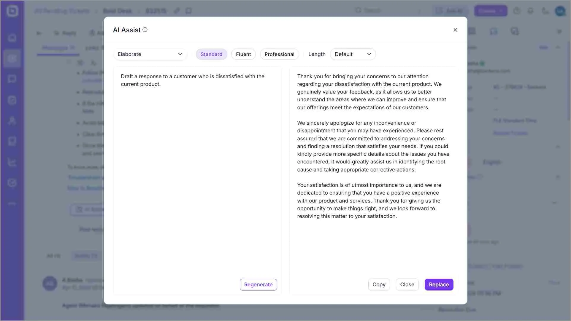 BoldDesk AI Assist showing ChatGPT generating a detailed customer service response inside a help desk interface