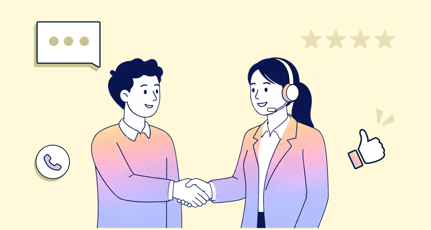 Two people shaking hands, one wearing a headset, with chat, phone, star rating, and thumbs-up icons on a beige background