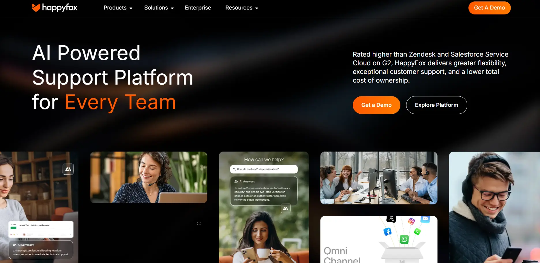 HappyFox homepage showing AI powered support platform headline with demo buttons and interface previews on a dark background