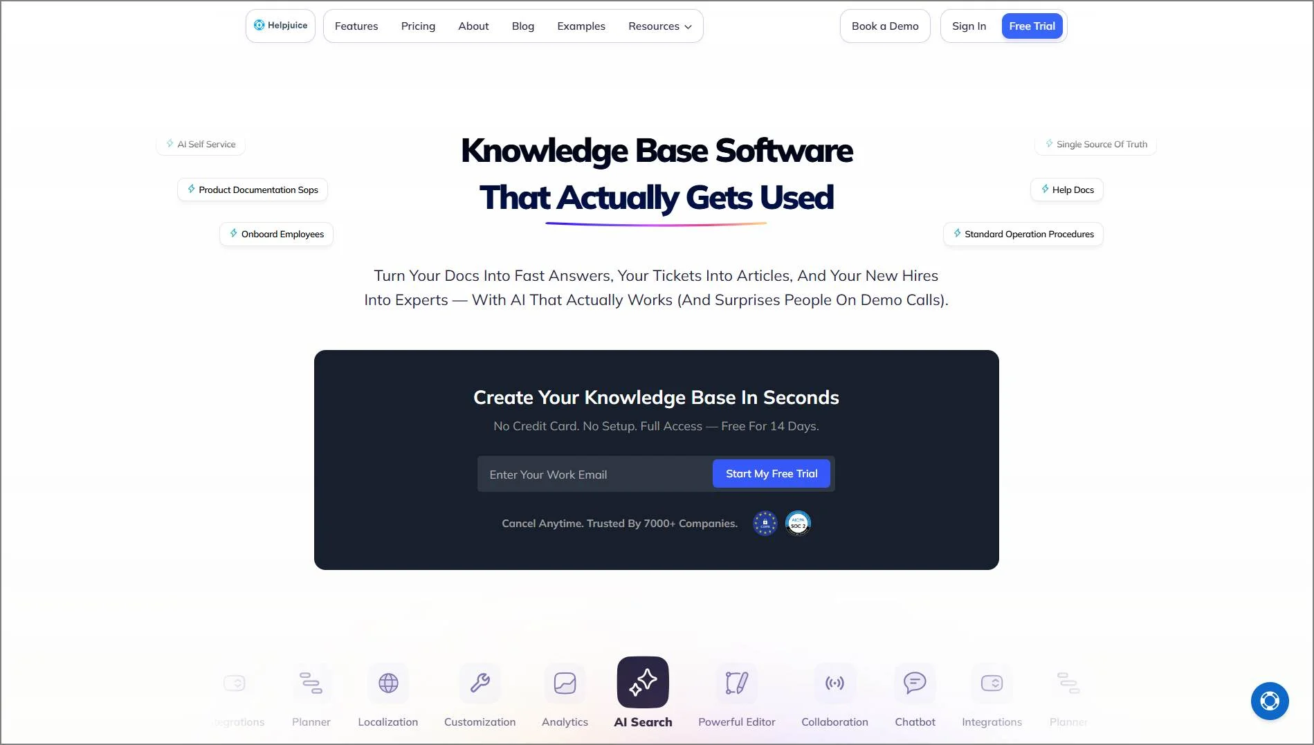 Helpjuice AI knowledge base with contextual search and free trial link at the center.