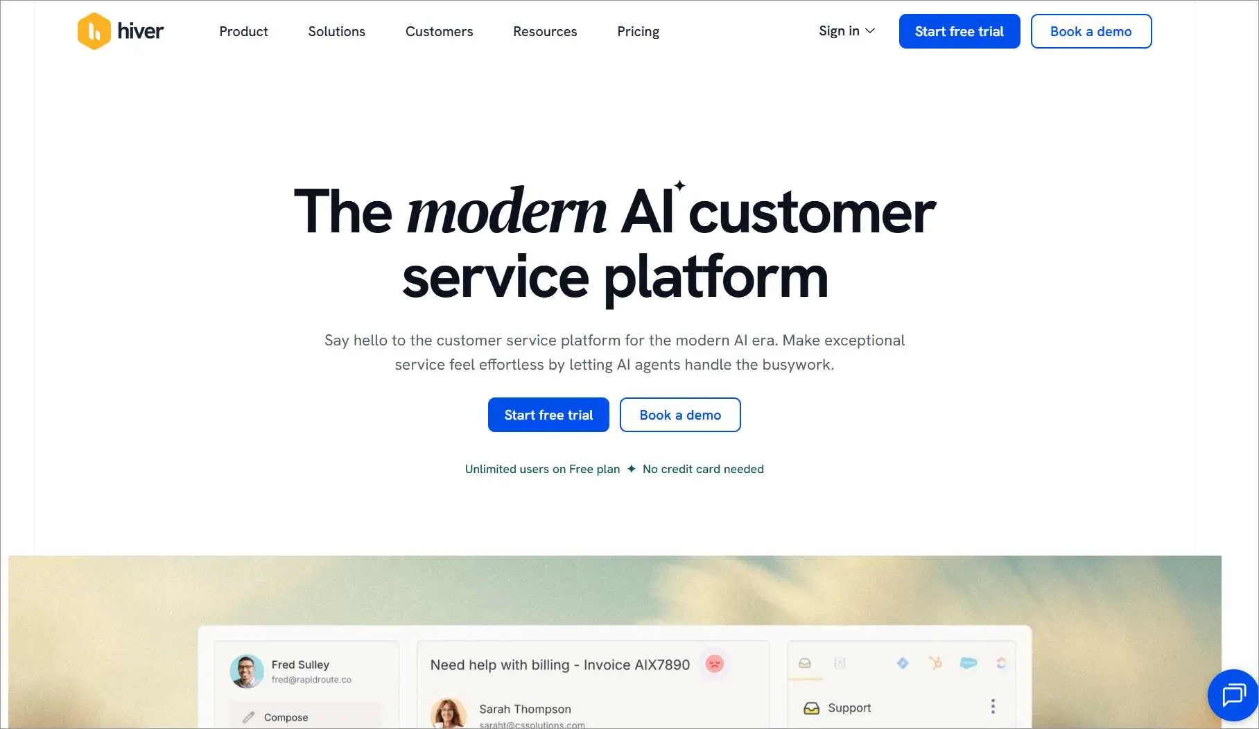 Hiver homepage showing modern AI customer service platform headline with trial and demo buttons on a clean white background