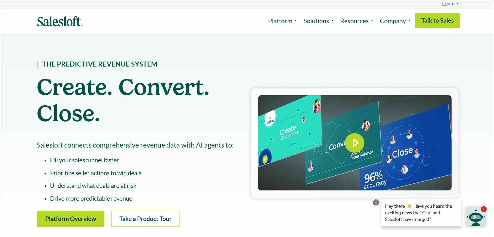 Salesloft homepage showing predictive revenue system message with create–convert–close visuals and product tour buttons