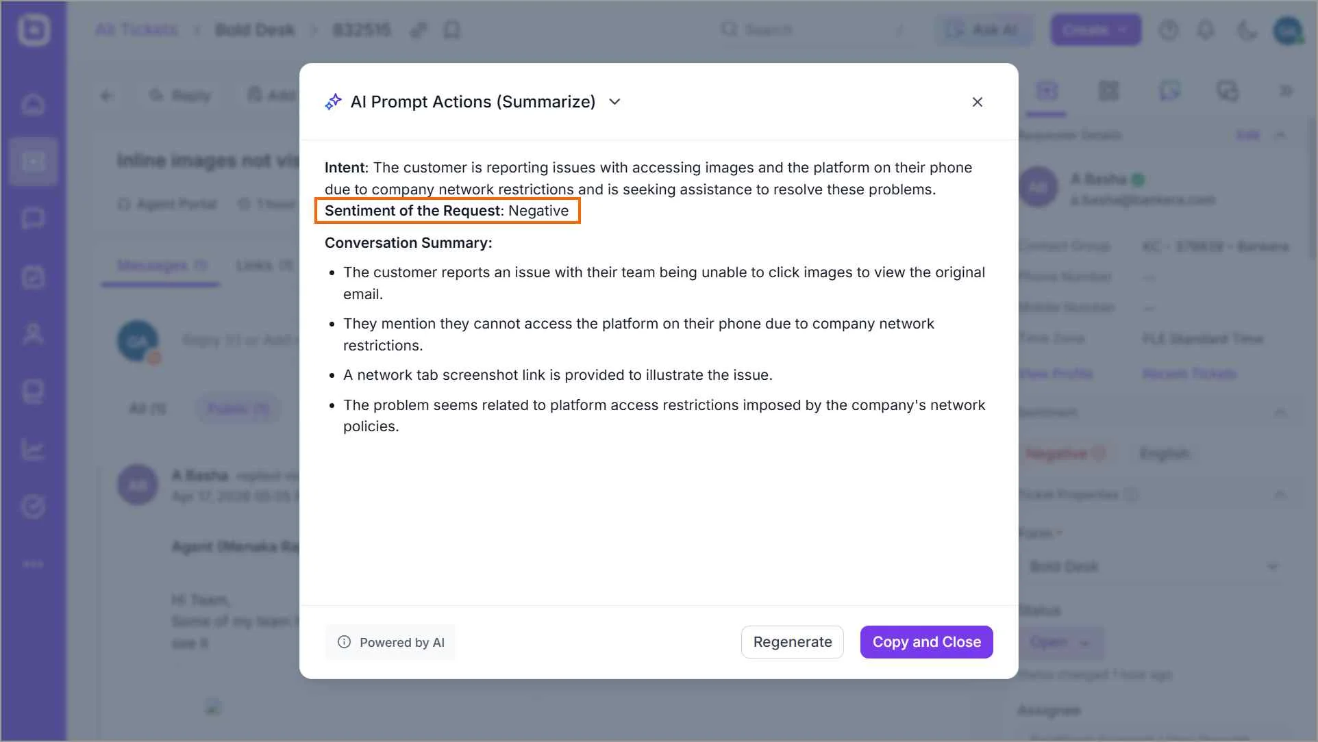 Screenshot of a BoldDesk interface showing a modal sentiment dashboard with form fields and action buttons
