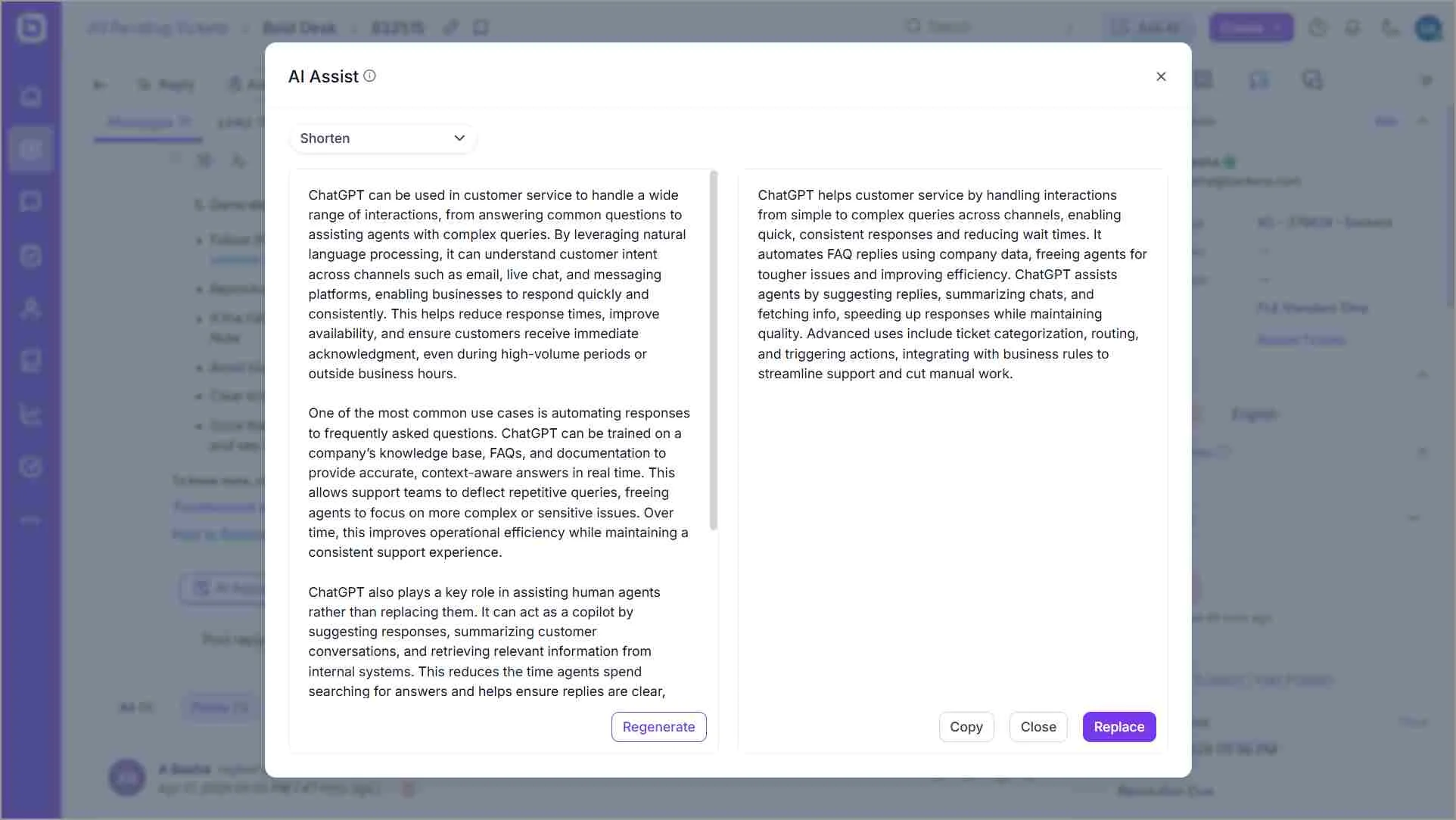 BoldDesk AI Assist using ChatGPT to shorten customer service content within a ticketing workflow