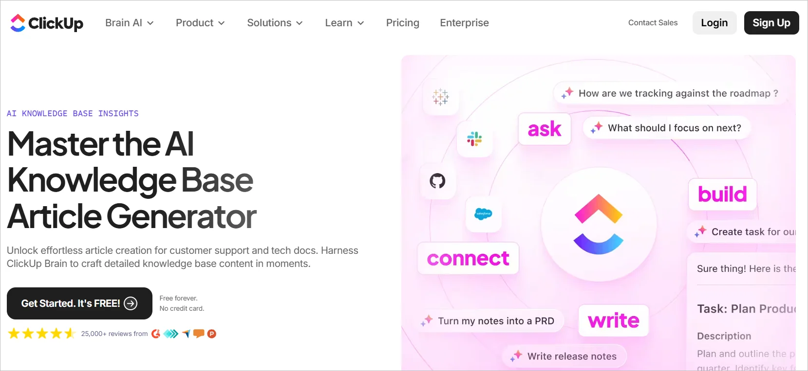 ClickUp page promoting its AI knowledge base article generator, featuring tools for creating, writing, connecting, and automating tasks.