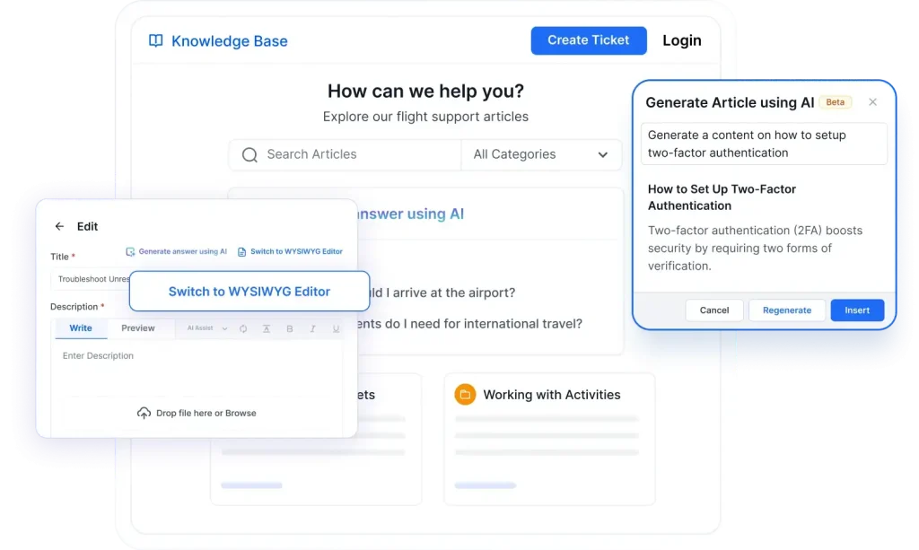 Knowledge base article creation with AI-generated answer suggestions and WYSIWYG editor support