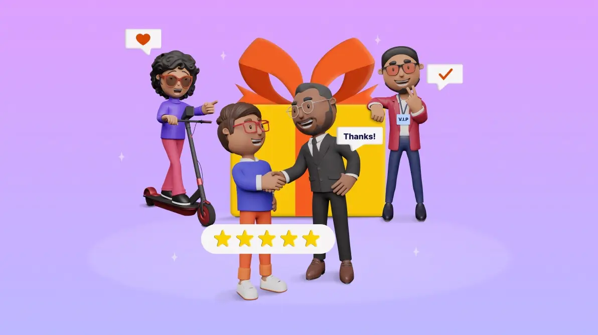 3D characters celebrating near a large gift box on purple background, with handshake, VIP badge, scooter, and five-star rating