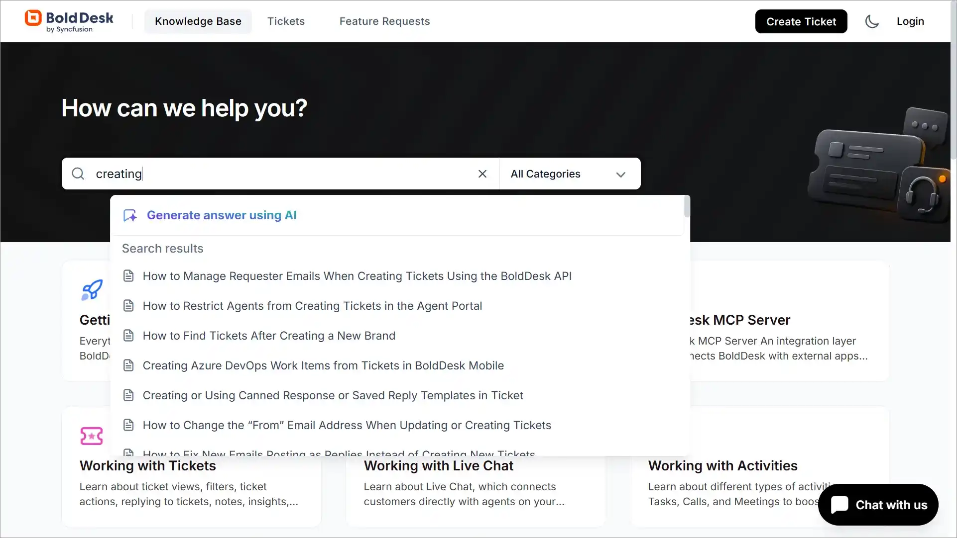 AI-powered knowledge base search providing article recommendations and generated answers