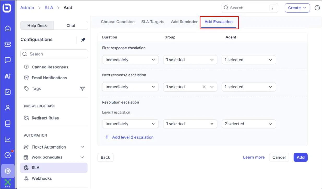Ticket management software interface with 'Add Escalation' tab highlighted, showing response and resolution settings