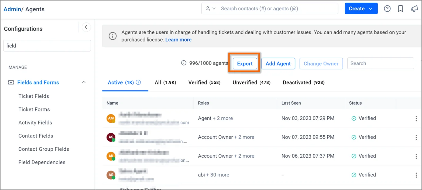 Bolddesk admin interface showing agent list with roles, statuses, and highlighted Export button for data download