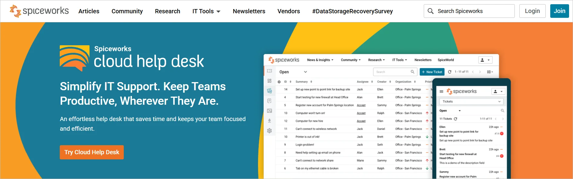 Spiceworks free cloud help desk software illustration with ticket tracking and IT support for small businesses.