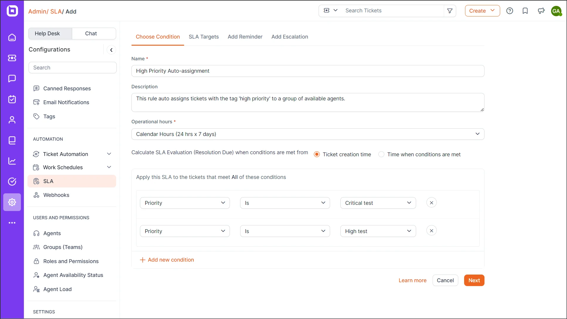 Choosing an SLA condition in BoldDesk